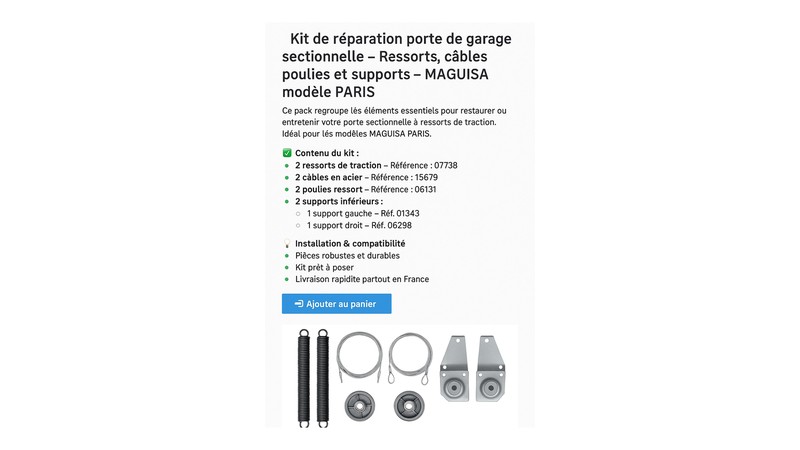 Cable acier pour porte de garage sectionnelle - vue de face | Ile-de-France