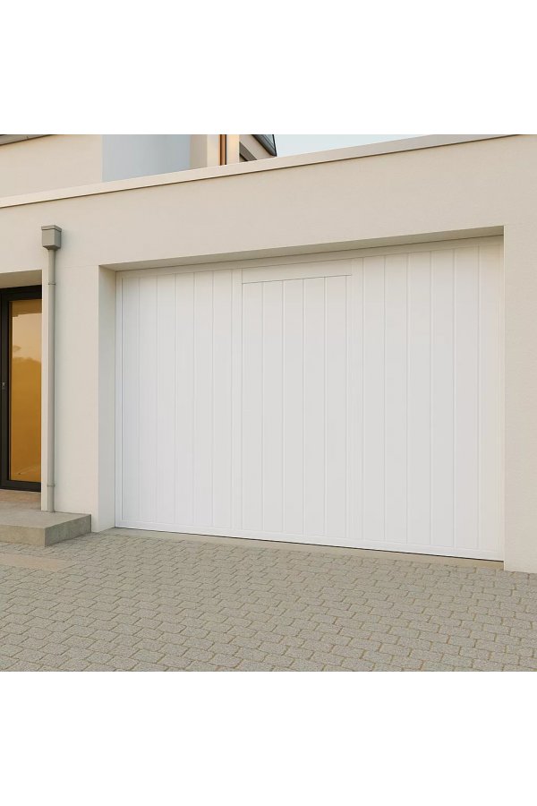 Porte de garage coulissante standard en PVC blanc avec panneaux verticaux