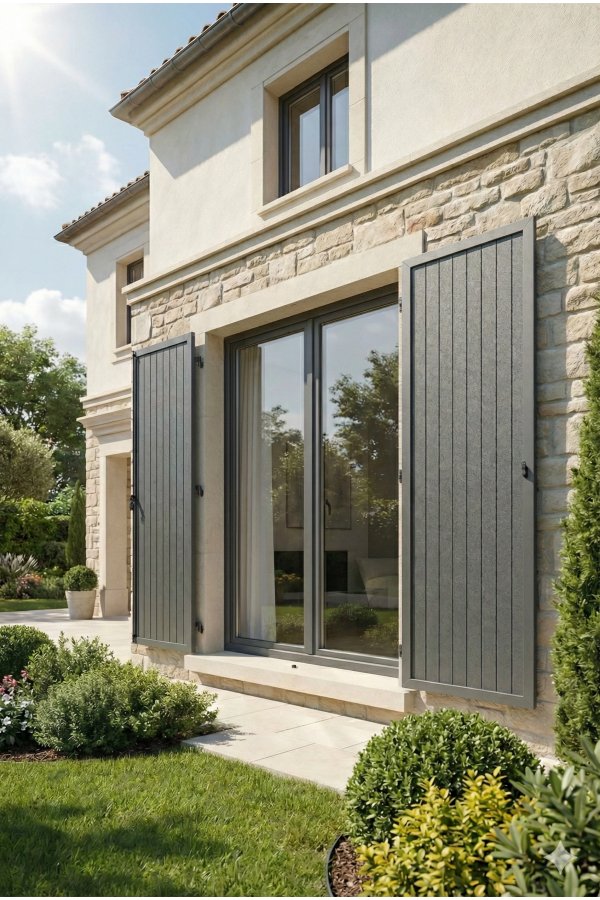 Volet battant alu isolé sur mesure à rainures verticales gris anthracite sur façade en pierre