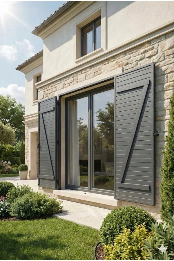 Volet battant alu isolé thermique sur mesure avec barre et écharpe Z gris anthracite