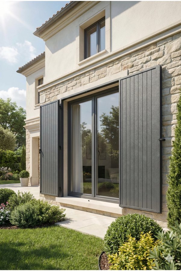 Volet battant alu isolé thermique sur mesure style barres horizontales gris vert sur maison en pierre