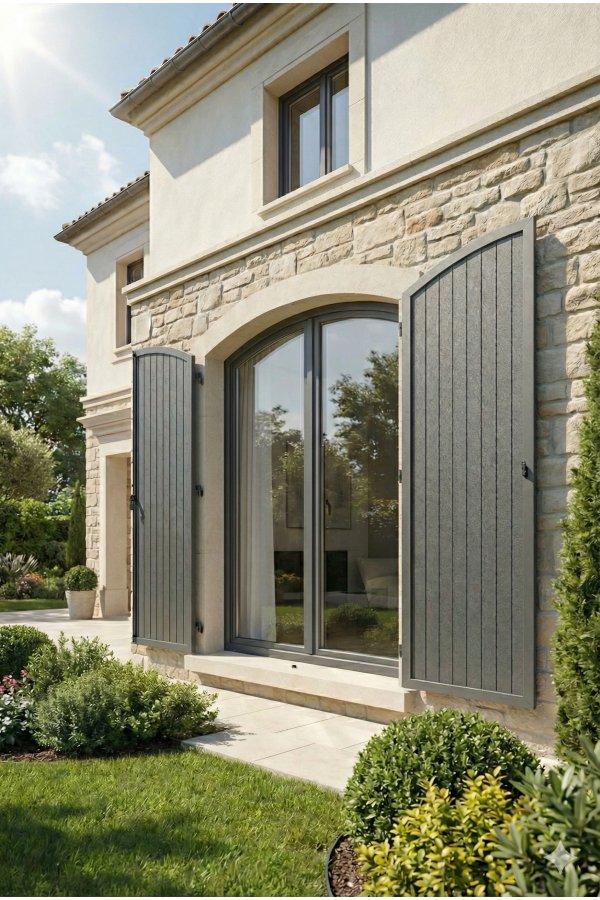 Volet battant alu isolé thermique sur mesure panneau sandwich gris sur façade en pierre provençale