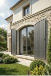 Volet battant alu isolé thermique sur mesure panneau sandwich gris sur façade en pierre provençale