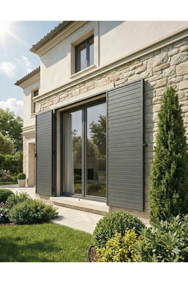 Volet battant alu isolé thermique sur mesure avec pentures décoratives gris anthracite