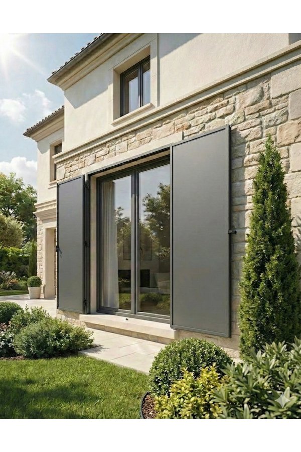 Volet battant alu isolé sur mesure avec précadre aluminium pour rénovation sur maison en pierre