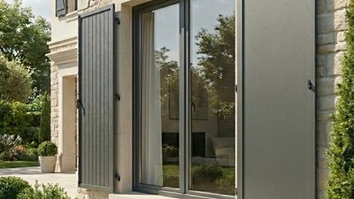 Volet battant alu isolé thermique sur mesure panneau sandwich 30 mm gris vert sur maison en pierre de taille