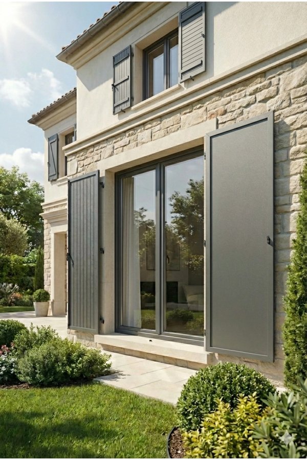 Volet battant alu isolé thermique sur mesure panneau sandwich 30 mm gris vert sur maison en pierre de taille