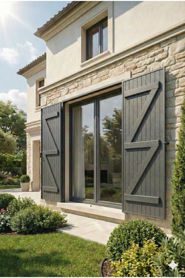 Volet battant alu isolé thermique sur mesure avec barre et écharpe taupe volets ouverts