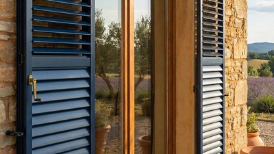 Volet battant alu sur mesure à lames orientables gris sur maison contemporaine en pierre avec vue campagne