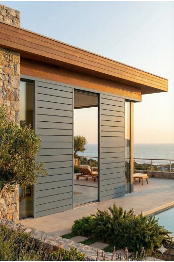 Volet coulissant alu isolé sur mesure à rainures horizontales gris anthracite sur villa contemporaine bois et pierre