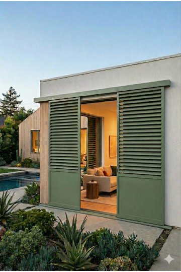 Volet coulissant alu persienné mixte soubassement plein et lames ajourées vert pâle