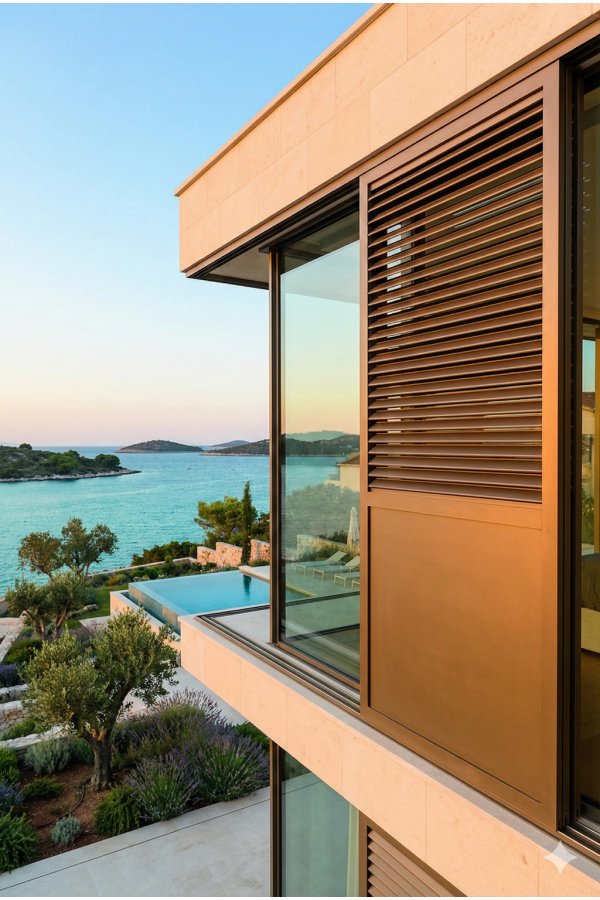 Volet coulissant aluminium persienné soubassement plein marron sur rail