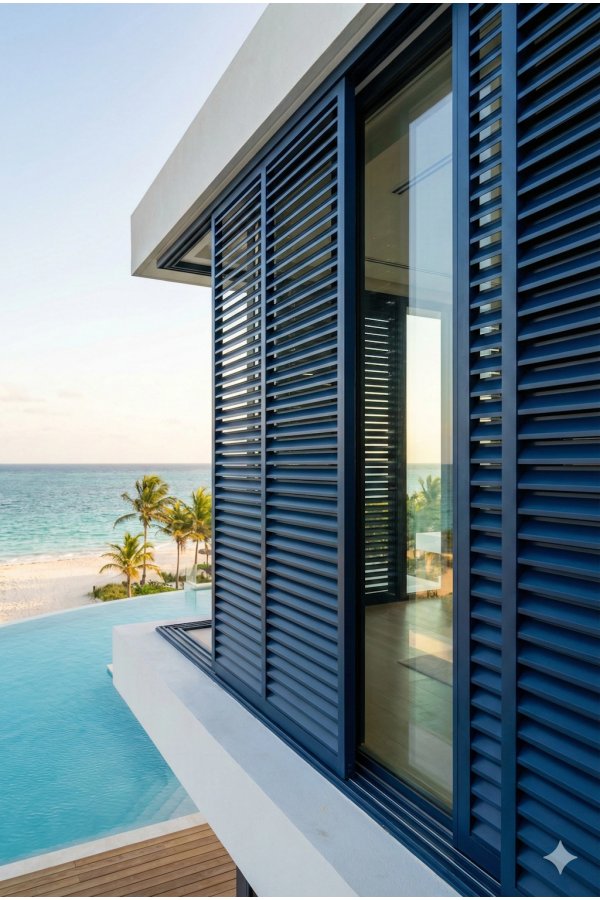 Volet coulissant aluminium persienné lames ajourées bleu azur sur rail extérieur