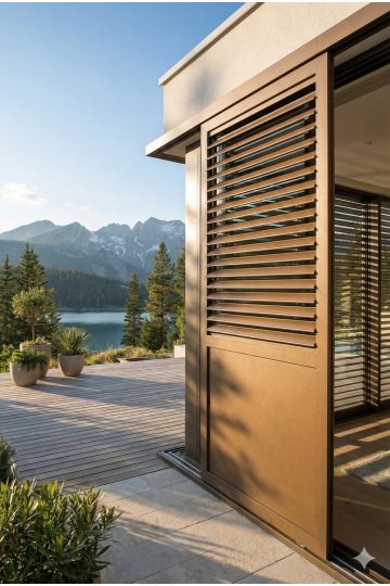 Volet coulissant aluminium lames orientables ton bois sur façade moderne avec vue montagne