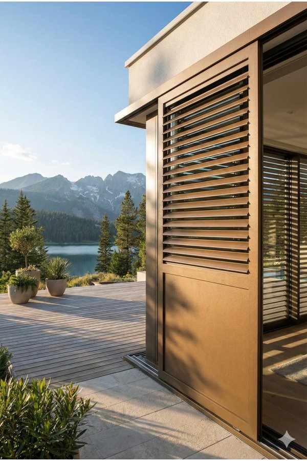 Volet coulissant aluminium lames orientables ton bois sur façade moderne avec vue montagne