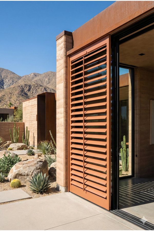 Volet coulissant aluminium lames orientables ton bois sur entrée maison contemporaine