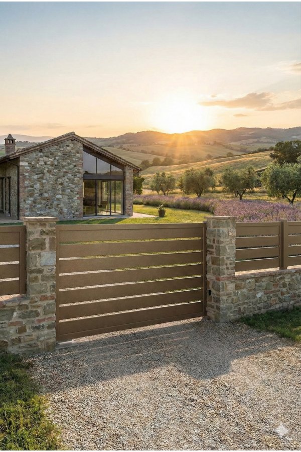 Portail aluminium sur mesure gamme contemporaine lames ton bois sur maison en pierre avec piliers au coucher du soleil