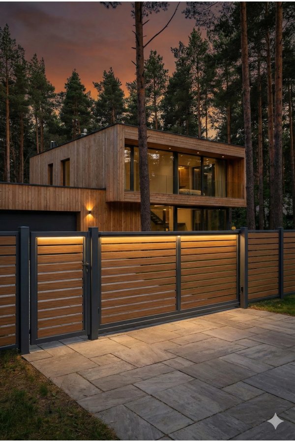 Portail et clôture aluminium contemporain sur mesure gris anthracite et ton bois sur maison bardage bois éclairée