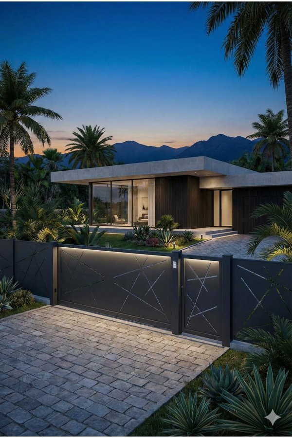 Portail aluminium contemporain battant sur mesure gris anthracite devant villa avec piscine et palmiers de nuit