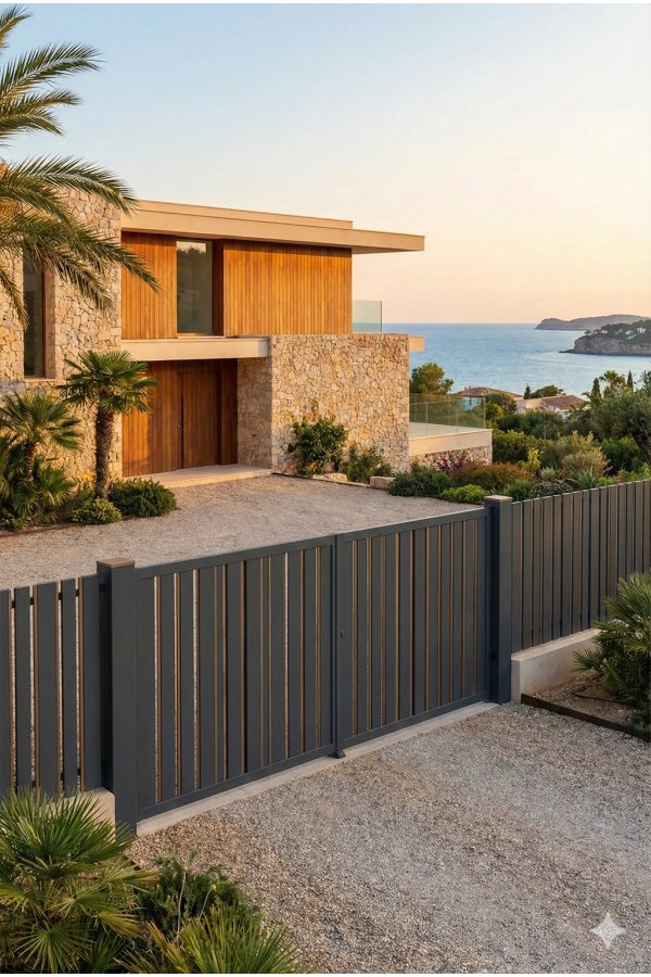 Portail aluminium contemporain coulissant sur mesure gris anthracite sur allée pavée villa en pierre et bois vue mer