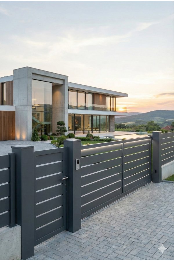 Portail aluminium contemporain sur mesure lames horizontales gris anthracite sur villa architecturale moderne