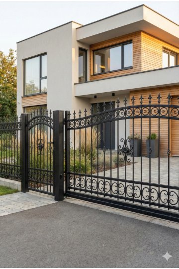 Portail aluminium tradition sur mesure style fer forgé noir avec volutes devant maison en briques rouges