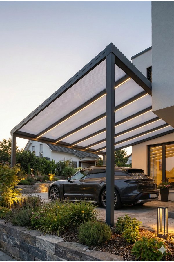 Carport aluminium sur mesure design toiture polycarbonate translucide devant maison contemporaine vue en contre-plongée