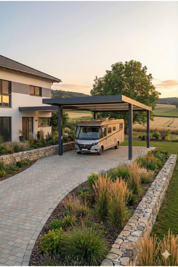 Carport aluminium sur mesure avec éclairage LED intégré de nuit devant maison moderne en pierre avec voiture garée