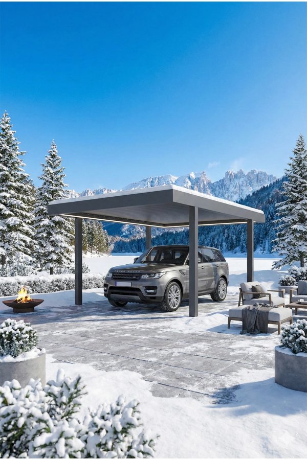 Carport aluminium sur mesure double autoportant pour deux voitures devant chalet de montagne sous la neige