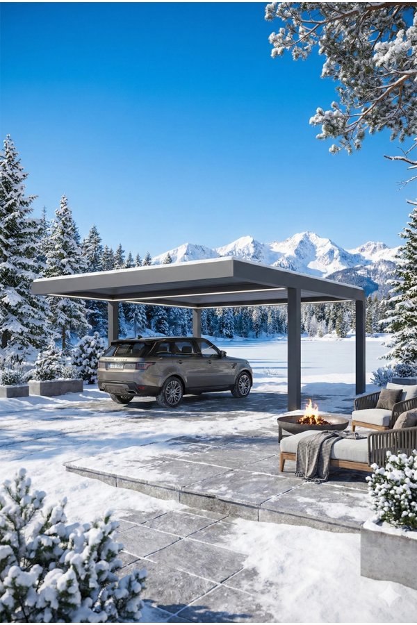 Carport aluminium sur mesure autoportant en montagne sous la neige avec chalet en bois et salon extérieur