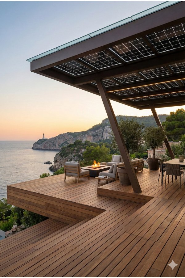 Carport aluminium sur mesure haut de gamme sur terrasse bois avec brasero salon extérieur et vue mer sur collines