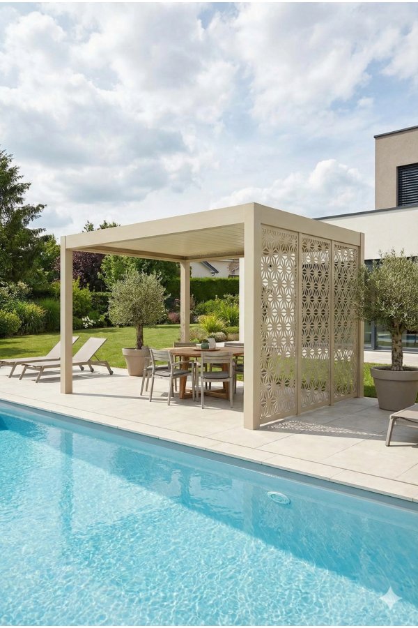 Pergola aluminium sur mesure autoportante beige avec claustra décoratif salon extérieur et piscine