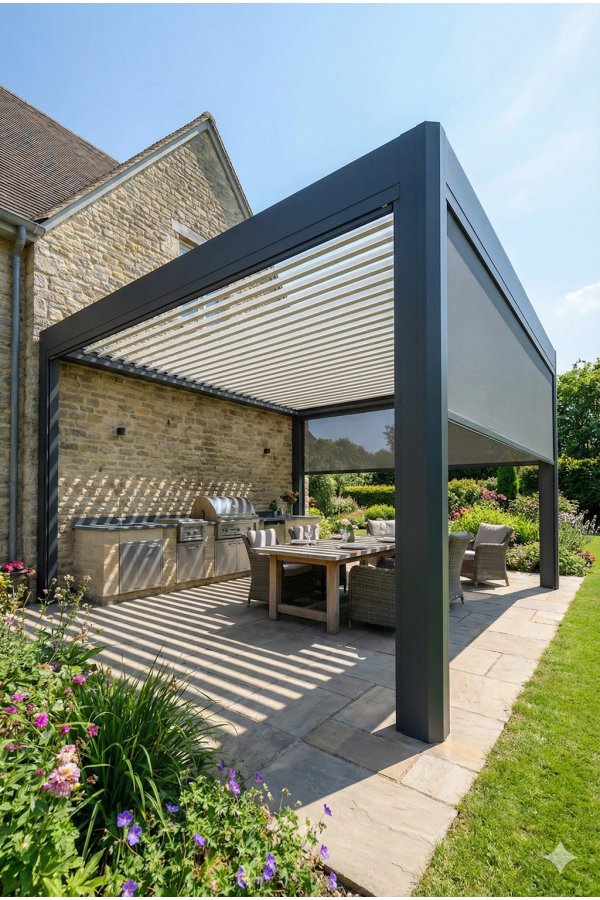 Pergola aluminium sur mesure adossée gris anthracite à lames orientables sur terrasse avec jardin fleuri