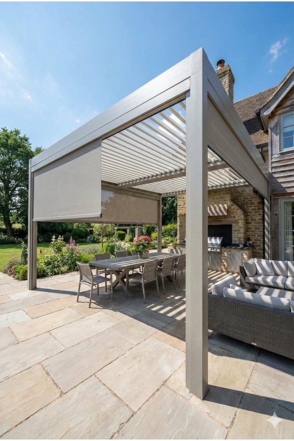 Pergola aluminium sur mesure bioclimatique à lames blanches sur terrasse bois avec vue sur lac et transats