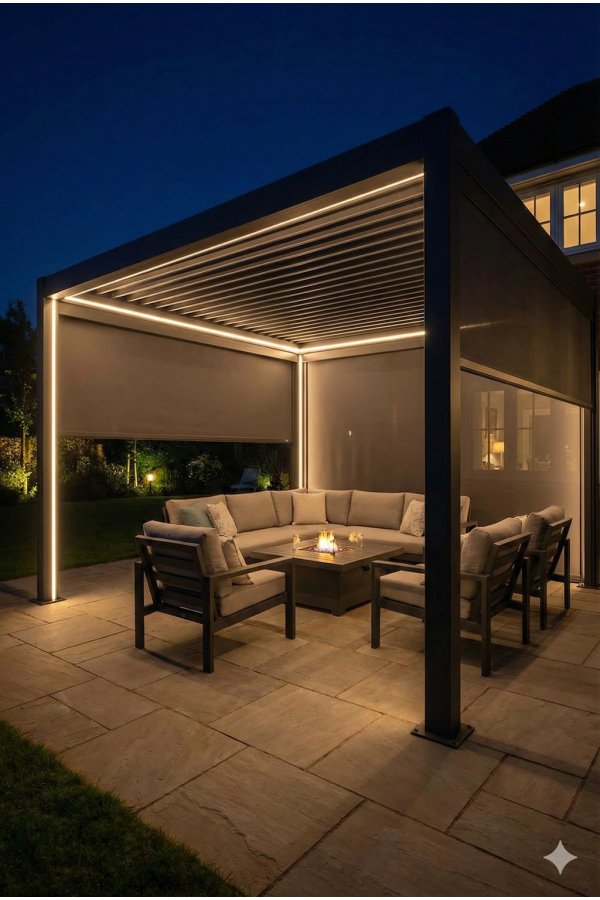 Pergola aluminium sur mesure gris anthracite avec éclairage LED intégré et salon extérieur de nuit ambiance chaleureuse