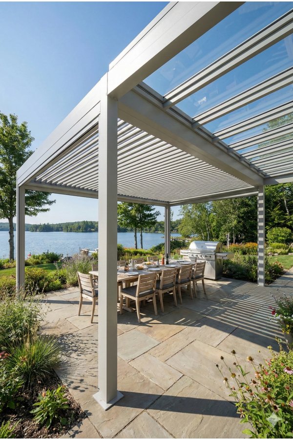 Pergola aluminium sur mesure adossée à lames orientables grises sur terrasse bois avec vue mer et stores latéraux