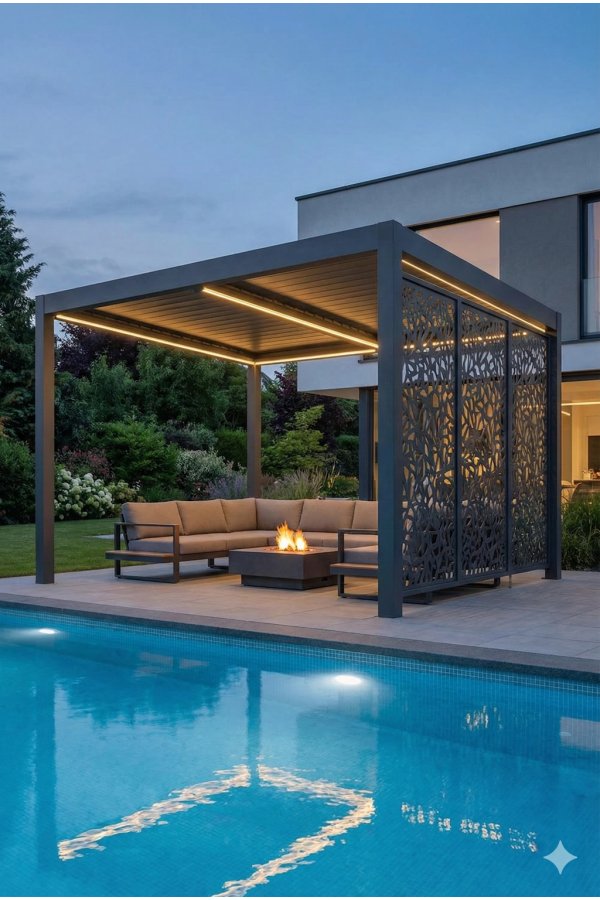Pergola aluminium sur mesure bioclimatique à lames orientables avec piscine éclairée et jardin paysager de nuit