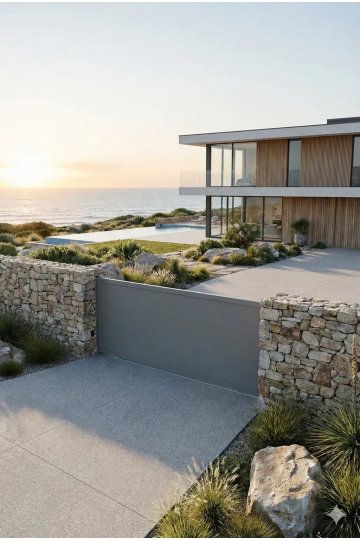 Portail aluminium architecte coulissant sur mesure gris clair devant maison contemporaine bardage bois vue mer