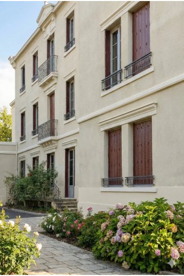Persienne fer sur mesure sur maison de campagne blanche avec jardin et piscine