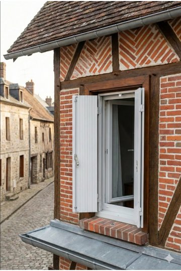 Persienne bois blanche ouverte sur maison à colombages et briques en centre-ville
