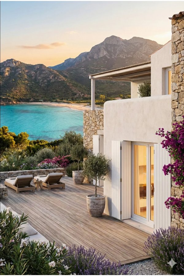 Persienne bois sur mesure blanche pliante sur maison méditerranéenne avec vue mer