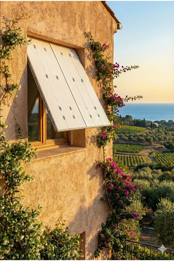 Persienne bois relevable blanche sur maison provençale avec vue mer et vignobles