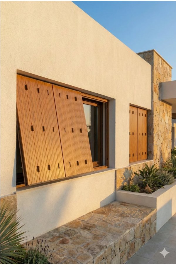 Persienne bois naturel coulissante sur mesure sur maison contemporaine en pierre