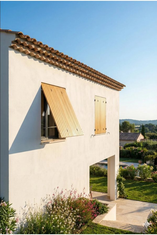 Persienne bois naturel relevable sur maison provençale avec tuiles canal et jardin