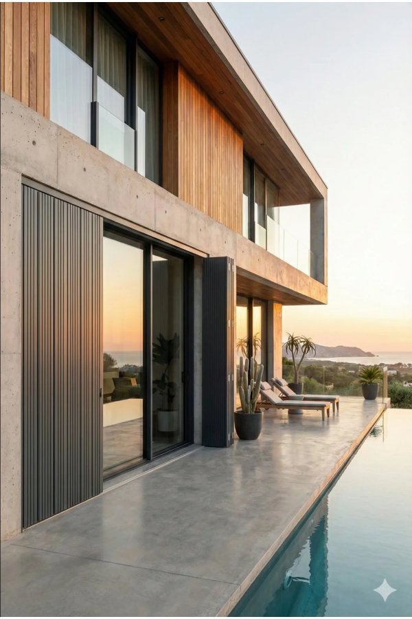 Persienne bois sur mesure sur villa moderne avec baie vitrée et piscine à débordement