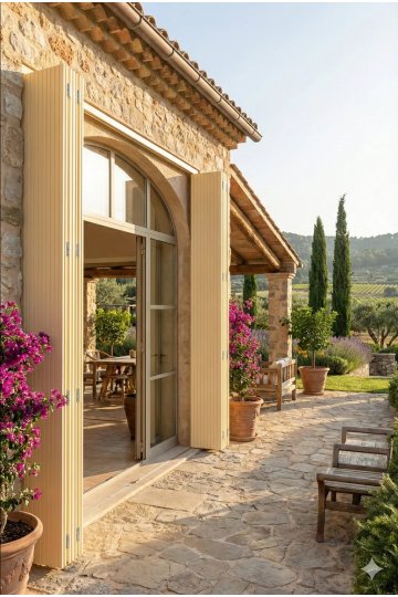 Persienne PVC sur mesure ouverte sur mas provençal en pierre avec bougainvilliers et vue colline