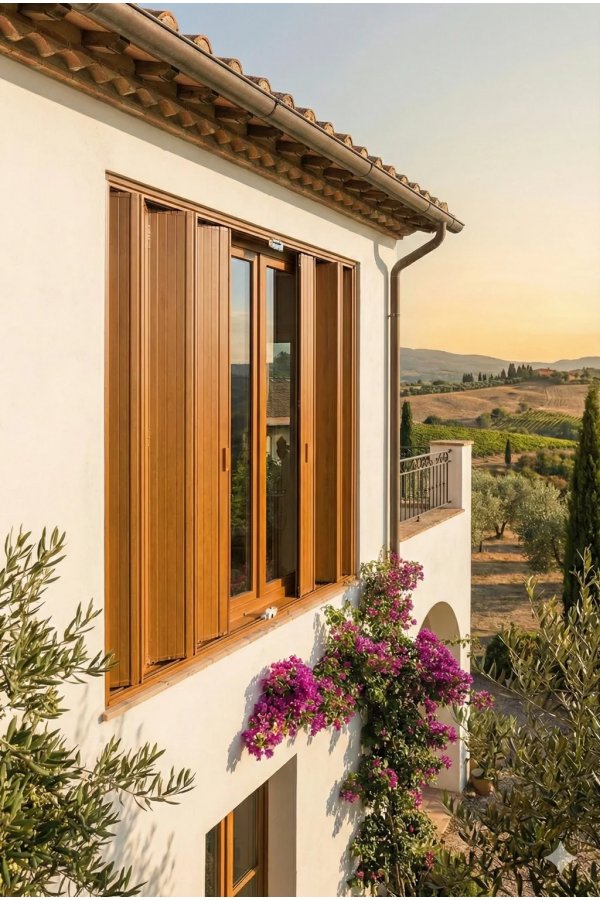 Jalousie PVC plate coulissante coloris havane posée sur façade maison méditerranéenne