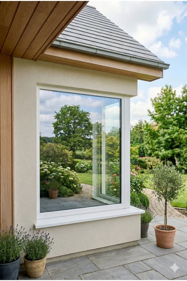 Fenêtre PVC fixe sans ouvrant blanche – vue extérieure sur façade