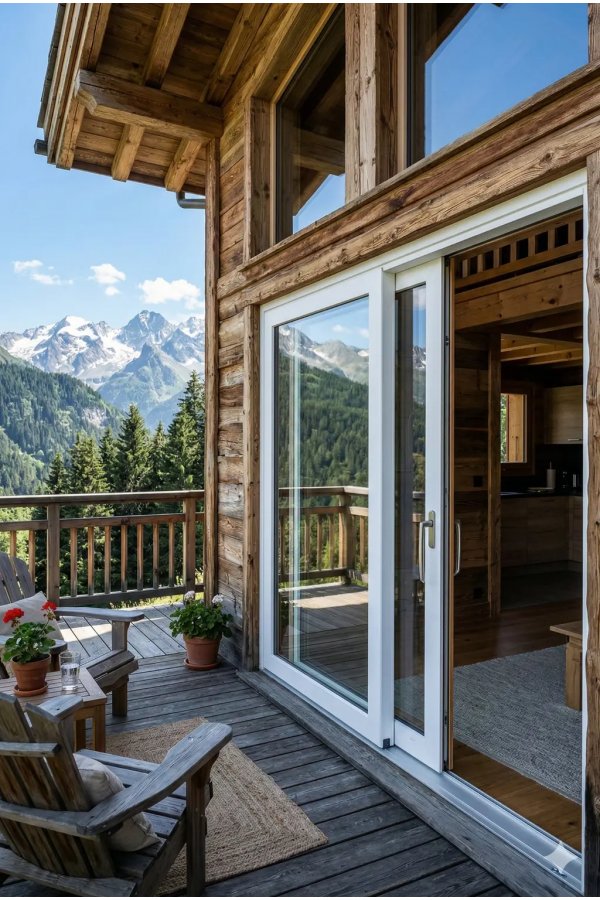 Baie coulissante PVC sur mesure translation oscillo-battant – vue extérieure terrasse