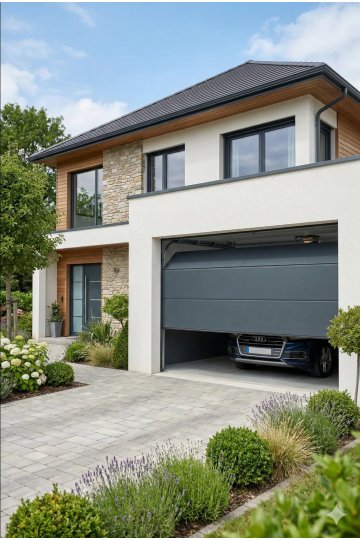 Porte de garage sectionnelle Master Premium gris anthracite RAL 7016 ouverte – moteur Somfy Dexxo Compact IO